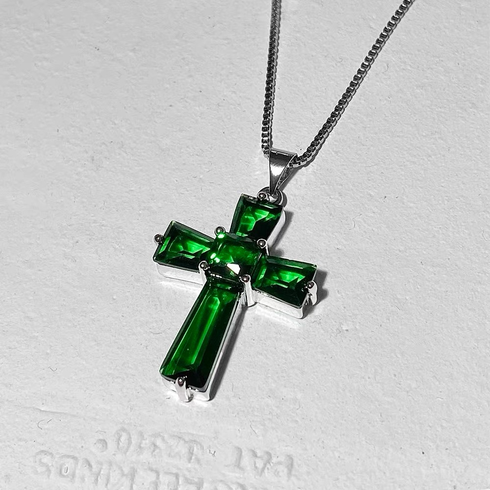 Elegant Silver and Green Cross Pendant Necklace